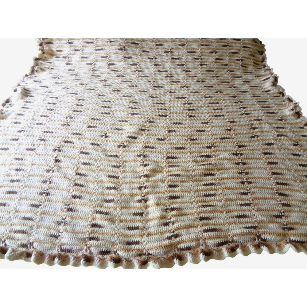 Vintage Handmade Crochet Blanket Striped Scalloped Edge Cream Tan Brown Throw